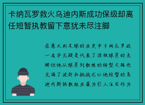 卡纳瓦罗救火乌迪内斯成功保级却离任短暂执教留下意犹未尽注脚